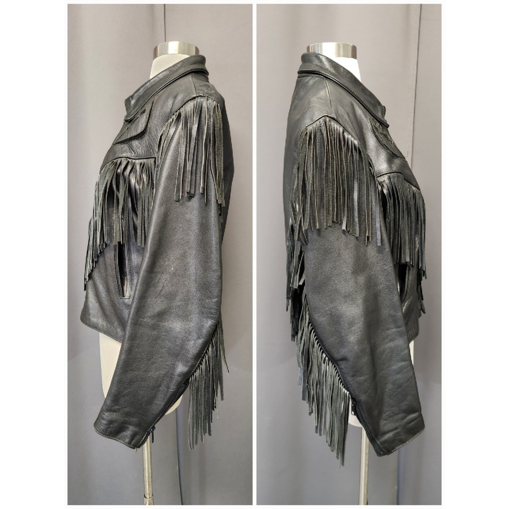 Vintage 90s Wilsons Leather Jacket Black Fringe Rose Floral Western Biker‎ Large - Picture 3 of 8